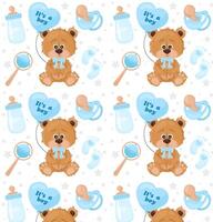 This is a boy. Pattern with a cute bear and a balloon with an inscription in blue. Teddy bear, pacifier, bottle, rattle and footprints in flat style. For textile, wrapping paper, background. vector