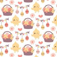 Easter seamless pattern on a transparent background. Festive background with chicken and Easter decoration in flat style. Pattern for textile, background or packaging. vector