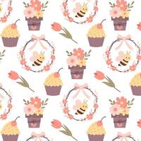 Spring seamless pattern. Bees, spring wreath, tulip, cupcake and flower pot in flat style. Seamless pattern with Easter basket. Pattern for textile, wrapping paper, background. vector