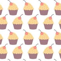 Seamless pattern on a transparent background. Festive cupcake with cherry in flat style. Pattern for textile, background or packaging. vector