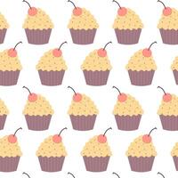 Seamless pattern on a transparent background. Festive cupcake with cherry in flat style. Pattern for textile, background or packaging. vector