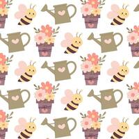 Spring seamless pattern. Bee, watering can, flowers in a pot in flat style. Seamless pattern with Easter basket. Pattern for textile, wrapping paper, background. vector