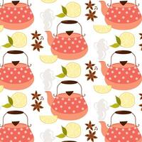 Pattern with teapot, lemon and anise in flat style. Tea pattern for background, textile, packaging. vector