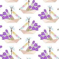 Seamless pattern with a bouquet of crocuses in a paper boat. Spring pattern on a transparent background. Flat style pattern for textile, paper or packaging. vector