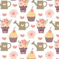 Spring seamless pattern. Spring flowers, garden watering can, cupcake, flower pot and heart in flat style. Pattern for textile, wrapping paper, background. vector