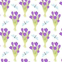 Seamless pattern with a bouquet of crocuses and a dragonfly. Spring pattern on a transparent background. Pattern in flat style for textile, paper or packaging. vector