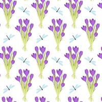 Seamless pattern with a bouquet of crocuses and a dragonfly. Spring pattern on a transparent background. Pattern in flat style for textile, paper or packaging. vector