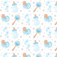 Baby seamless pattern.  Pattern with a set of newborn items in blue. Pacifier, bottle, rattle and footprints in flat style. Seamless pattern for textile, wrapping paper, background. vector