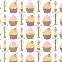 Festive cupcake with cherry and decorative candle in flat style. Pattern for textile, background or packaging. Seamless pattern on a transparent background. vector