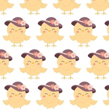 Cute chicken in a hat in flat style. Kids pattern with chicken. Seamless pattern for textile, wrapping paper, background. Background with cute bird character. vector