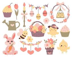 Spring. Set of Easter vector illustrations. Easter and spring decor in flat style. Easter basket, chicken, wreath, candle, garland and more on a white background.