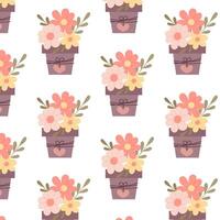 Flowers in a pot in flat style. Pattern with flower pot. Spring background. Seamless pattern with Easter basket. Seamless pattern for textile, wrapping paper, background. vector