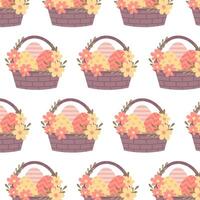 Basket with Easter eggs in flat style. Seamless pattern with Easter basket. Seamless pattern for textile, wrapping paper, background. vector