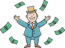 Illustration of a happy businessman wearing a top hat and holding a pile of money vector