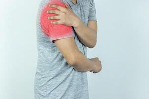 Man suffering from shoulder pain on white background photo