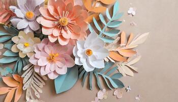 AI generated Background, paper cut, abstract, minimalism, aesthetic, pastel colors, flowers photo