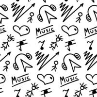 Vector seamless pattern with different simple hand drawn doodles. Hearts, arrows, sparkles, lightnings, music note, signs, and symbols. Perfect for apparel and texture