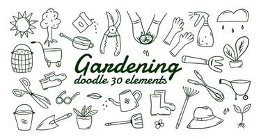 Doodle garden vector set with tools, agriculture, equipment, harvest. Hand drawn icons of gardening on white background. Sketches for use in design