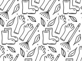 Doodle garden seamless pattern with gloves, boots, rake and leaves. Hand drawn spring or autumn background for printing, textile vector