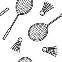 Doodle badminton seamless pattern with hand drawn shuttlecock and rackets. Vector sport background for textile