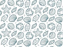 Doodle seashell seamless pattern. Vector background of tropical sea and ocean elements, shells, starfish. Doodles of marine life.