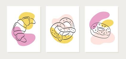 Set of posters with hand drawn bakery pastry. Outline croissant, donut, pretzel on abstract colored background. Vector illustration