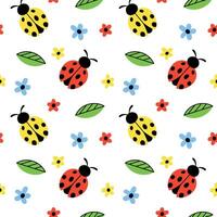 Seamless pattern with red and yellow ladybug flat style, flower and leaves on white background. Vector illustration