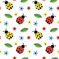 Seamless pattern with red and yellow ladybug flat style, flower and leaves on white background. Vector illustration