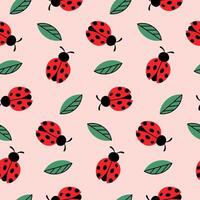 Seamless pattern ladybug flat style and leaves on pink background. Vector illustration