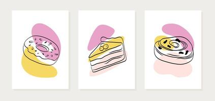 Set of posters with hand drawn bakery pastry. Outline cake, donut, cinnamon roll on abstract colored background. Vector illustration