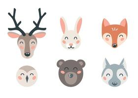 Cute forest animal faces set on isolated white background. Cartoon flat design element for nursery, decoration, card. Vector illustration