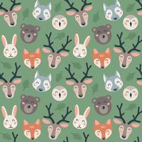 Seamless pattern with cute forest animal head on green background. Cartoon flat design for nursery, print, textile. Vector illustration