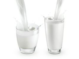 pouring two glass of milk creating splash, transparent background png