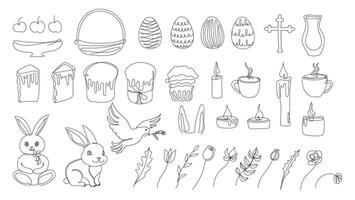 Easter Set in continuous one line style with design elements like bunny, eggs, dove, candles, cross, Easter cakes, mugs, flowers. Black vector on white. Clipart. For greeting card, textile, print.