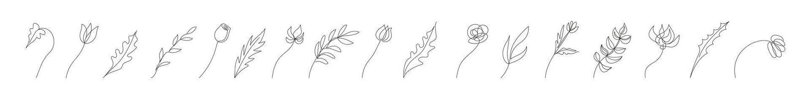 Collection of floral design elements in continuous one line drawing style. Flowers, plants, leaves, branches. Line art. White backdrop. For print, postcard, scrapbooking, coloring book. vector