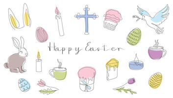 Easter Set in continuous one line style with design elements like bunny, eggs, dove, candles, cross, Easter cakes, steaming mugs, flowers. Vector. For greeting cards, textiles, fabric prints. Clipart vector