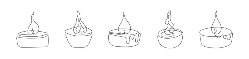 Set of tea light candles with flames. Burning aromatic candles. Continuous one line drawing. Line art. Isolated on white background. Design element for print, greeting, postcard, scrapbooking vector