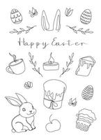 Easter Set in continuous one line style with design elements like bunny, eggs, dove, candle, cross, Easter cake, mug, flowers. Black Vector on white. Clipart. Easter card with Happy Easter greeting