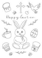 Easter Set in continuous one line style with design elements like bunny, eggs, dove, candle, cross, Easter cake, mug, flowers. Black and white vector. Clipart. Easter card with Happy Easter greeting vector