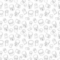 Seamless pattern of Easter Kulich cakes with icing. Continuous one line drawing. Traditional Ukrainian Easter cupcakes. Black and white vector isolated on white. For print, textile, wrapping paper