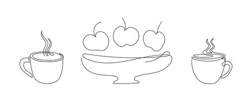 Line art of steaming cups and bowl with apples. Set for healthy tea time or snack. Continuous one line drawing. Mugs, plate and fruit. Design elements for print, postcard, scrapbooking, coloring book vector