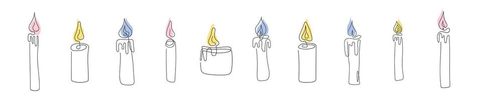 Set of colorful wax candles with flames. Burning decorative aroma candles. Continuous one line drawing. Line art. Isolated on white backdrop. Design elements for print, greeting, postcard vector