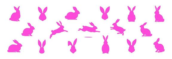 Set of Rabbit pink silhouettes. Easter bunnies. Isolated on a white backdrop. A simple black icons of hares. Cute animals. Suitable for logo, emblem, pictogram, print, design element for greeting card vector