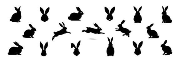 Set of Rabbit silhouettes. Easter bunnies. Isolated on a white backdrop. A simple black icons of hares. Cute animals. Suitable for logo, emblem, pictogram, print, design element for greeting card. vector