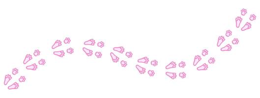 Funny pink rabbit or hare paw footprints forming a diagonal trail. Easter Bunny tracks. Cartoon cat paw prints in pink. Vector isolated on white. For pet shop, print, textile, game, postcard, zoo