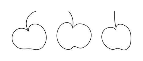 Continuous one line drawing of three apple. Whole fruit. Healthy dessert. Line art. Isolated on white backdrop. Design element for print, greeting, postcard, scrapbooking, coloring book. Set vector