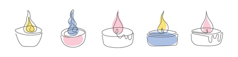 Set of colorful tea light candles with flames. Burning aromatic candles. Continuous one line drawing. Line art. Isolated on white backdrop. Design element for print, greeting, postcard, scrapbooking. vector