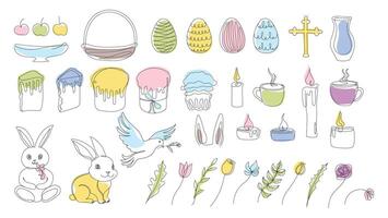 Easter Set in continuous one line style with design elements like bunny, eggs, dove, candles, cross, Easter cakes, mugs, flowers. Colorful vector on white. Clipart. For greeting card, textile, print