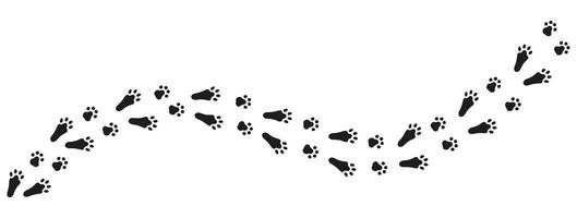 Rabbit or hare footprints forming a diagonal trail. Silhouette of the Easter Bunny's tracks. Black vector isolated on white background. Good for pet shop, print, textile, game, postcard, zoo, clothes