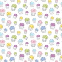 Seamless pattern of colorful cupcakes in style of continuous one line drawing. Simple line art of muffins with wavy frosting. Vector isolated on white. For decoration, print, textile, wrapping paper